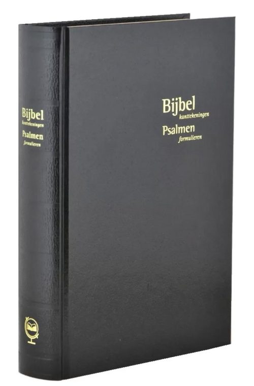 Bijbel met kanttekeningen, harde band, Psalmen, formulieren en landkaarten in koker