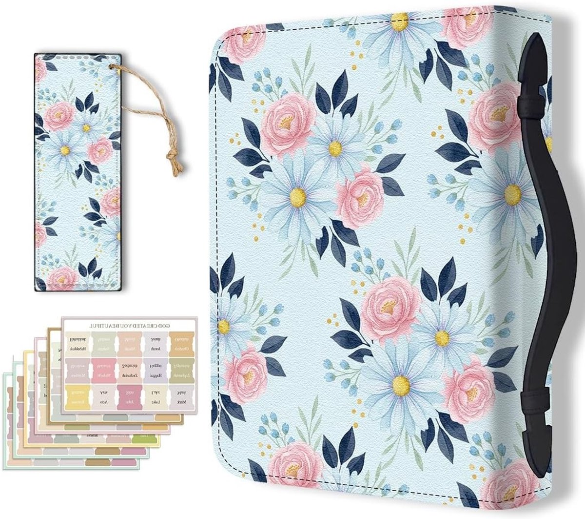 Duurzame Lederen Bijbel Cover met Handvat en Bloemenprint voor Mannen en Vrouwen, Ideaal voor Boekliefhebbers en Studie Documenten, 28,5x20,3cm