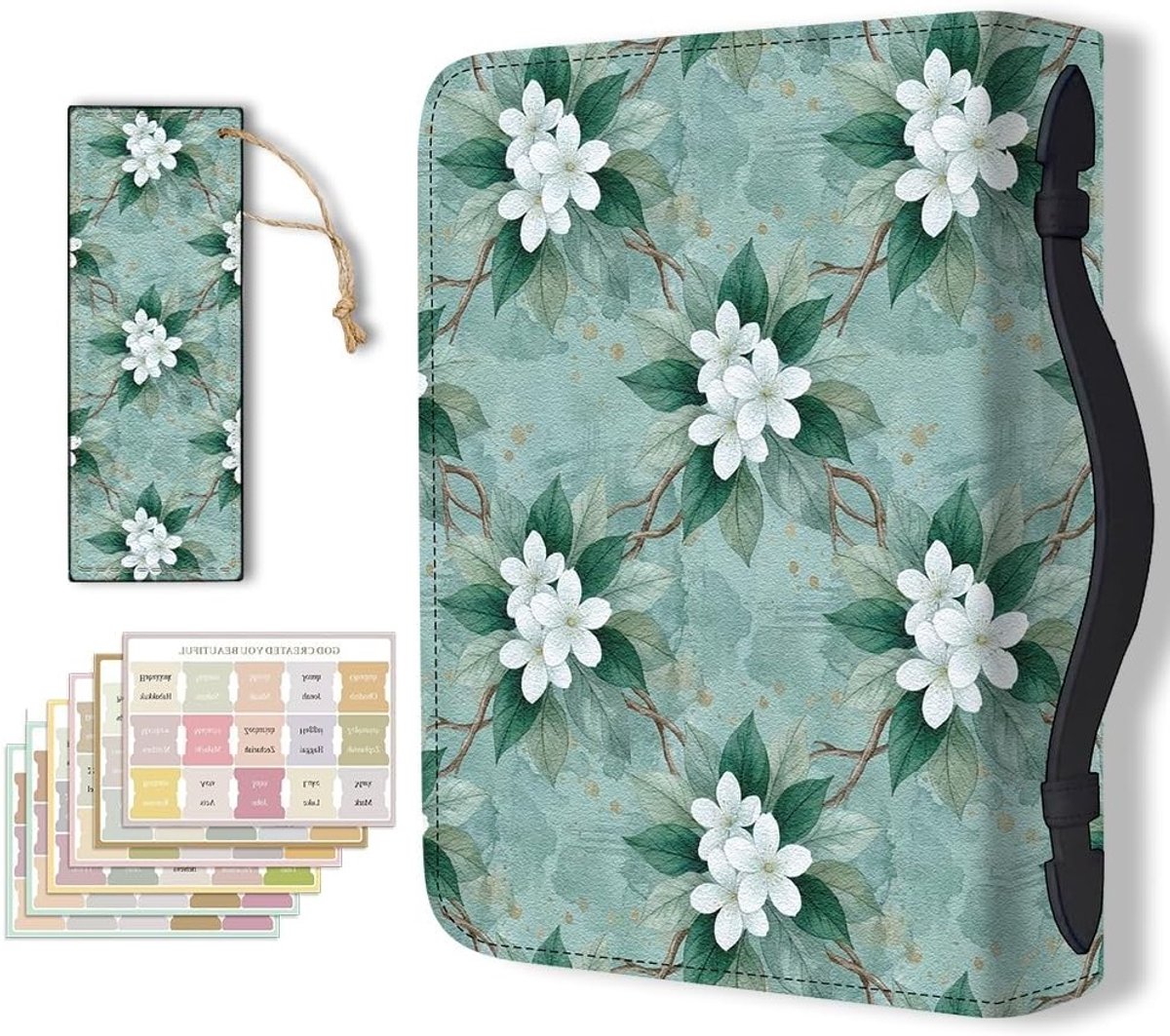 Duurzame Lederen Bijbel Cover met Handvat voor Mannen en Vrouwen, Beschermende Case met Witte Bloemen en Planten, Ideaal voor Boekliefhebbers en Studie Documenten 28,5x20,3cm