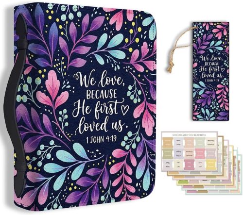 Beschermhoes voor Bijbel met Bloemenpatroon - Zachte Leer Boekafdekking met Bladwijzer voor Kantoor en School Accessoires in Paars en Blauw
