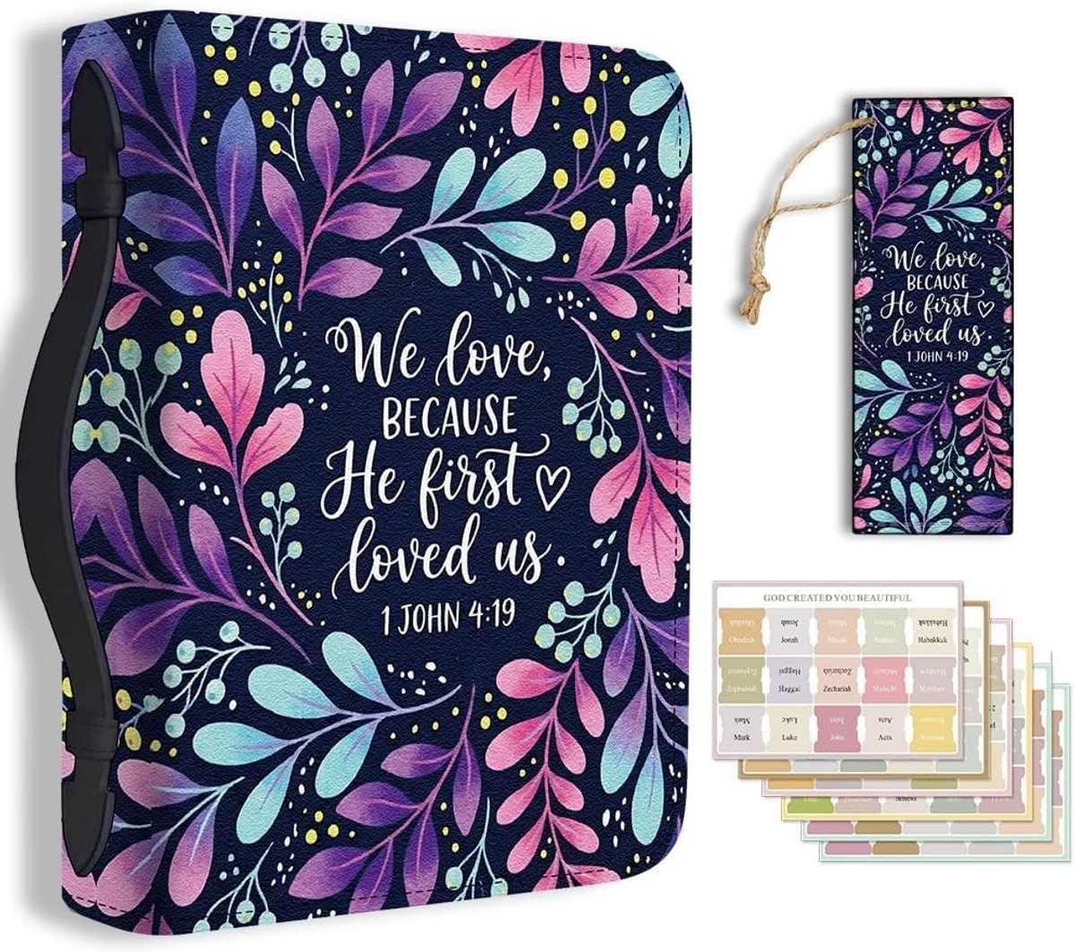 Beschermhoes voor Bijbel met Bloemenpatroon - Zachte Leer Boekafdekking met Bladwijzer voor Kantoor en School Accessoires in Paars en Blauw