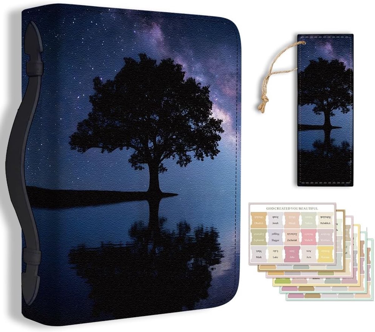 Beschermhoes voor Bijbel met Handvat en Boekenlegger - Sterrenhemel Design, Geschikt voor Studenten en Volwassenen, Duurzaam PU Materiaal, Donkerblauw met Rits en Stickers