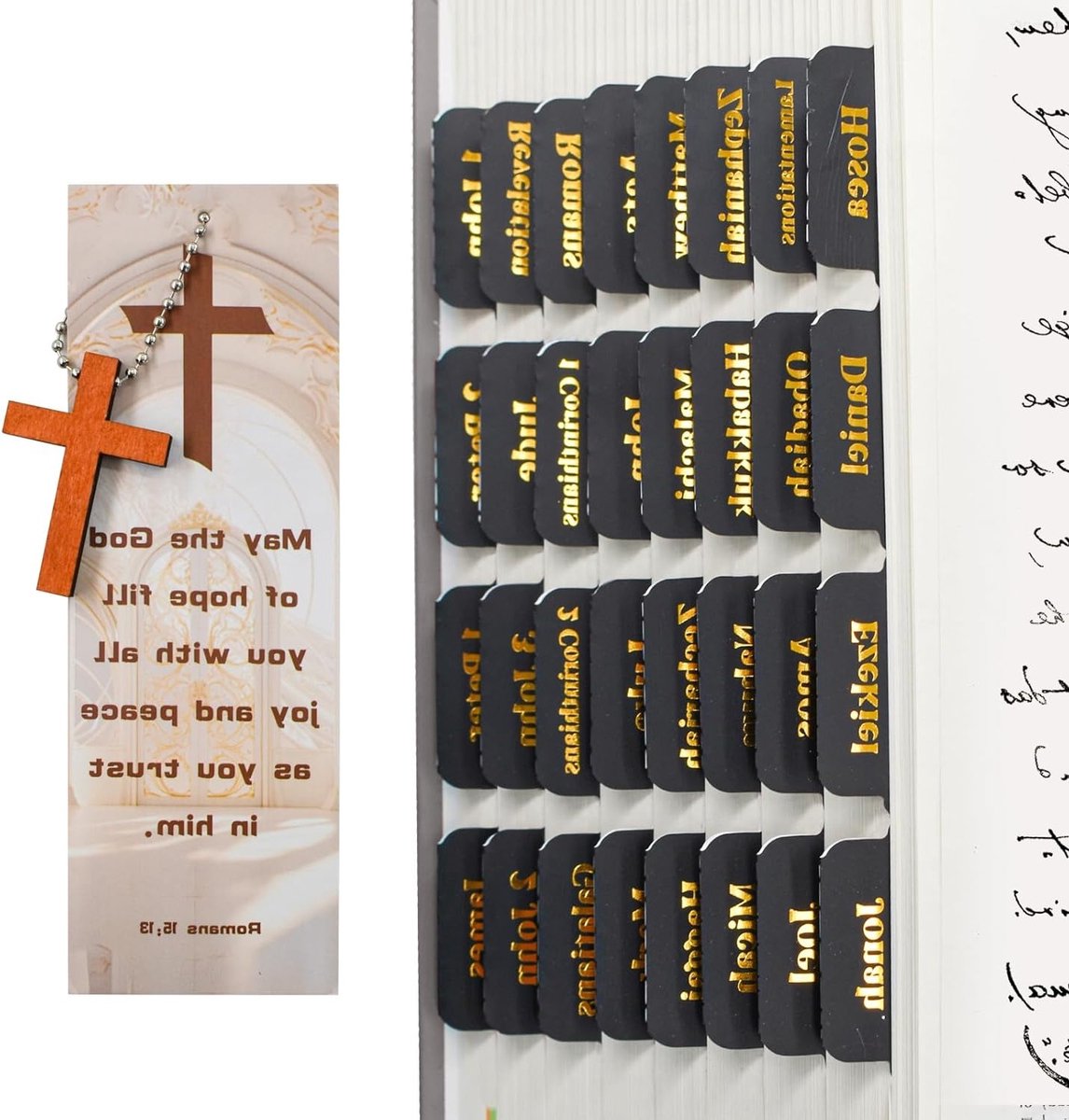 Bijbel Tabs voor Mannen en Vrouwen, 96 Stuks Zwarte Gelamineerde Bijbel Tabs met Gouden Letters, Grote Lettertype Bijbel Journaling Benodigdheden voor Oude en Nieuwe Testament