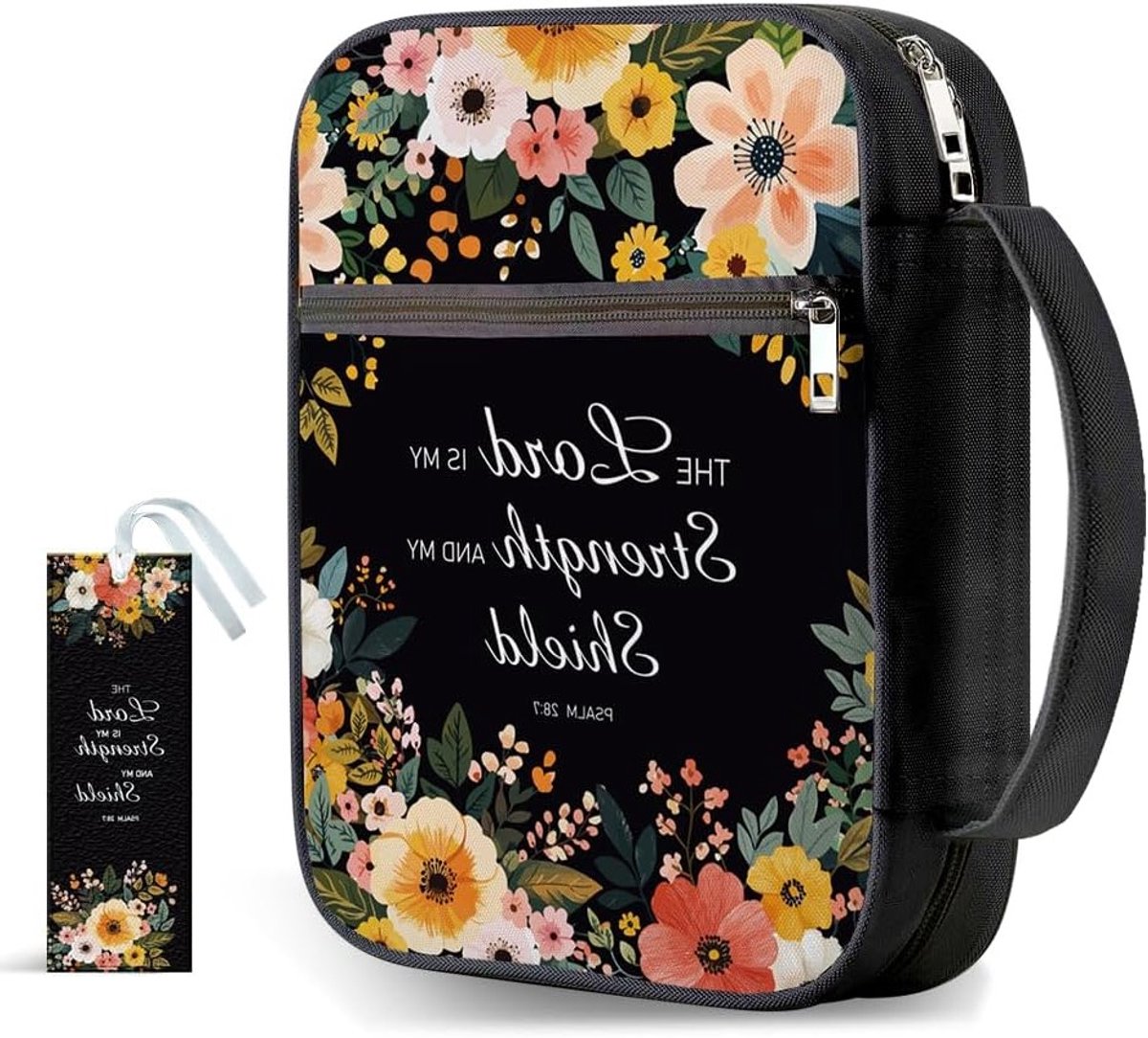 Bijbelhoes met Handvat, 30.5 x 22 cm, Bloemenpatroon, Grote Opbergzak met Rits, Bescherming voor Bijbel, Inclusief Boekenlegger, Ideaal voor Vrouwen en Mannen, Perfect voor School en Reizen