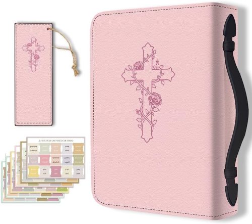 Bijbelhoes van PU-leer met bookmark - Ruime draagtas voor bijbels en notitieboeken, roze met kruis en bloemen, ideaal voor christelijke vrouwen en mannen