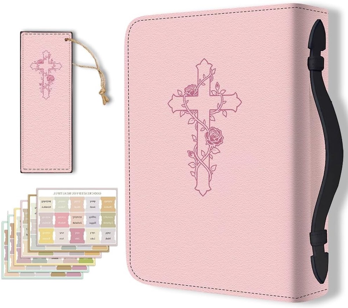 Bijbelhoes van PU-leer met bookmark - Ruime draagtas voor bijbels en notitieboeken, roze met kruis en bloemen, ideaal voor christelijke vrouwen en mannen
