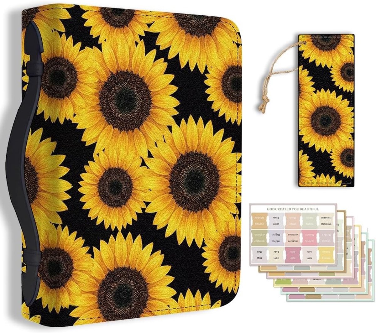 Duurzame Lederen Bijbel Cover met Handvat voor Mannen en Vrouwen - Beschermende Boekhouder met Zonnebloemen, Ideaal voor Studie en Documenten, 28,5x20,3cm