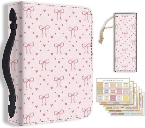 Duurzame Lederen Bijbel Cover met Handvat voor Mannen en Vrouwen - Beschermende Boekhouder voor Studie en Documenten, Roze Strikken, 28,5x20,3cm