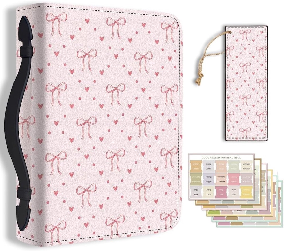 Duurzame Lederen Bijbel Cover met Handvat voor Mannen en Vrouwen - Beschermende Boekhouder voor Studie en Documenten, Roze Strikken, 28,5x20,3cm