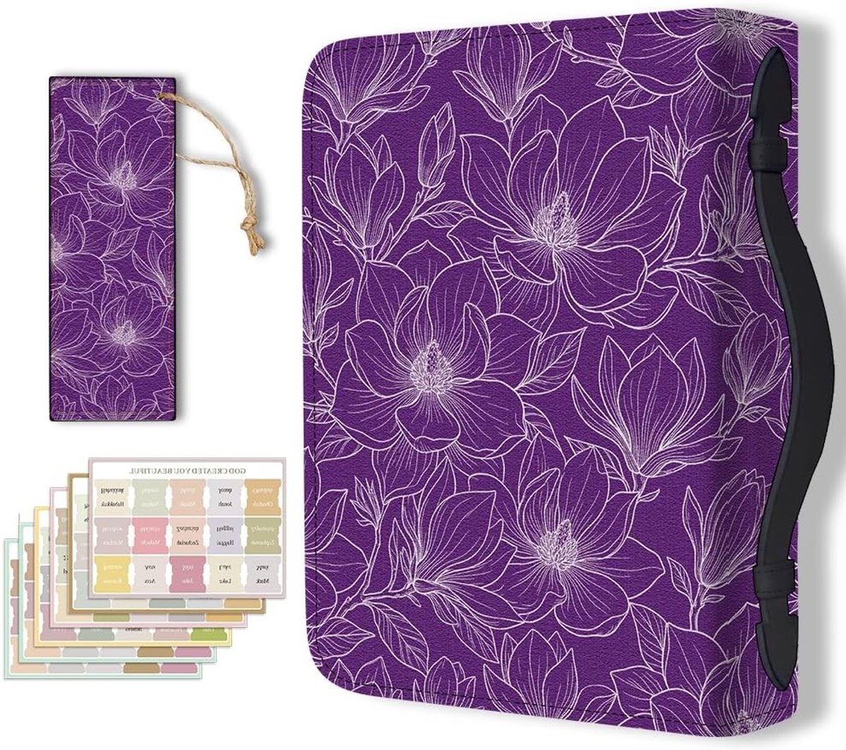 Elegante Paarse Bijbel Cover met Magnolia Bloemen, PU Lederen Boek Draagtas, Handvat en Rits, Ideaal voor Christelijke Geschenken en Studie Benodigdheden