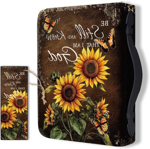 Grote Bijbelhoes van PU-leer met Bookmark en Zonnebloemen - Ideaal voor Bijbels, Notitieboeken en Draagaccessoires voor Mannen en Vrouwen, 20.5 x 28 x 5.5 cm