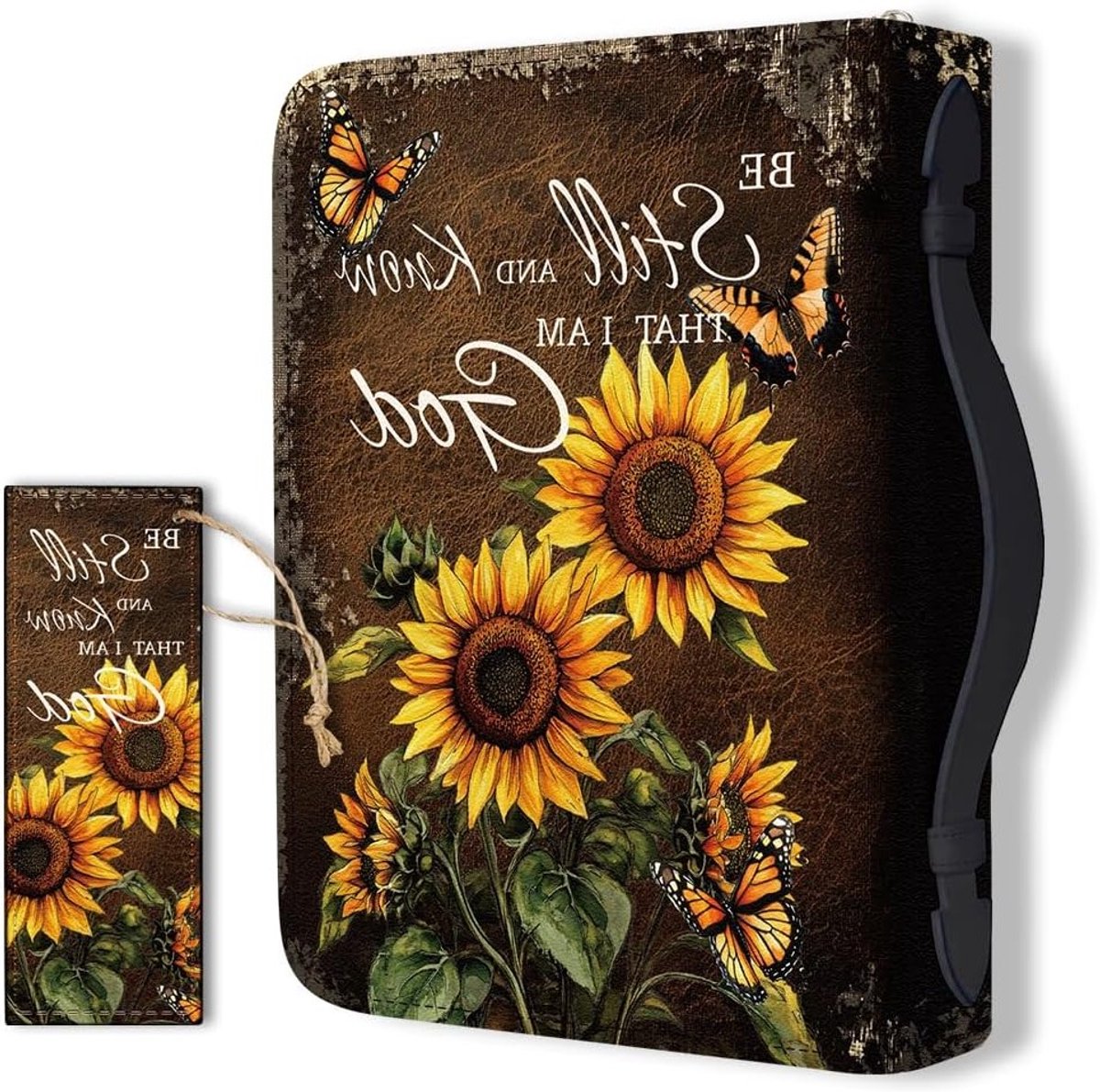 Grote Bijbelhoes van PU-leer met Bookmark en Zonnebloemen - Ideaal voor Bijbels, Notitieboeken en Draagaccessoires voor Mannen en Vrouwen, 20.5 x 28 x 5.5 cm