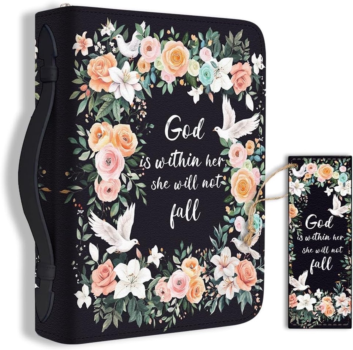 Grote Bijbelhoes van PU-leer met bladwijzer, duif en bloemenpatroon voor het veilig opbergen van Bijbels en notitieboeken, ideaal voor christelijke gebruikers