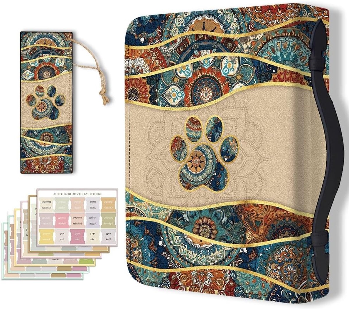 Grote Bijbelomslag van PU leer met boekenlegger en mandala-pootafdrukken voor vrouwen en mannen, ideaal voor het dragen van Bijbels en notitieboeken.