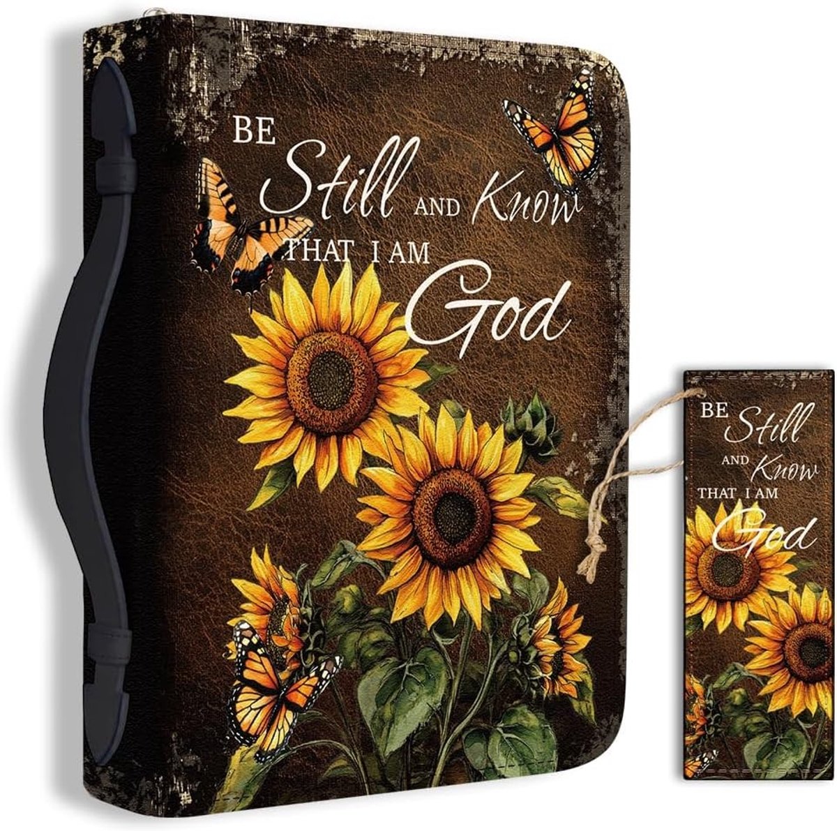 Grote PU Leren Bijbelhoes met Boekenlegger en Zonnebloemen en Vlinders, Ideaal voor Bijbels en Notitieboeken, Perfecte Draagtas voor Vrouwen en Mannen, 8 x 28.5 x 5.8 cm