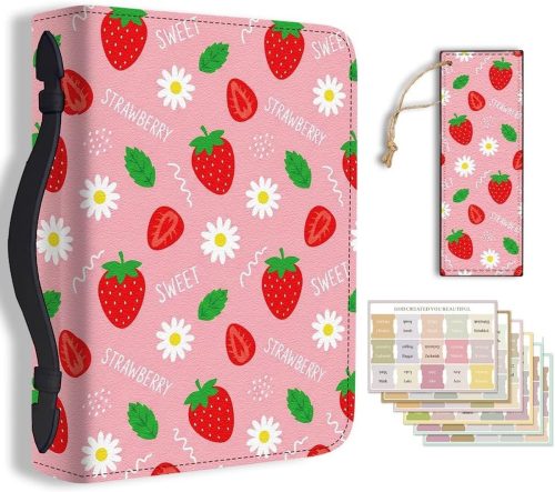 Leuke Aardbei Bijbel Cover Case voor Werk en Studie met Bookmark - Zachte Lederen Boekbeschermer voor Kantoor en School Accessoires met Cartoon Bloem en Fruit Design