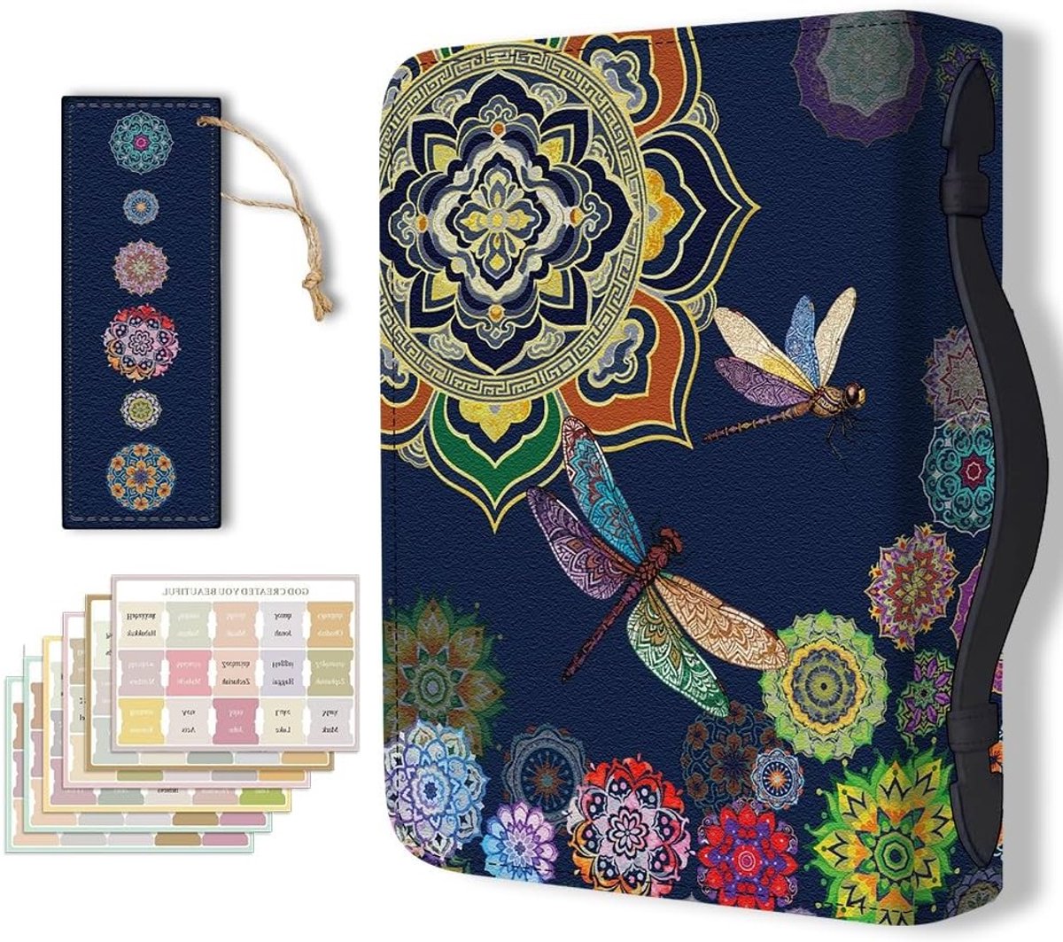 Stijlvolle Bijbelhoes van PU-leer met Boekenlegger voor Draagbare Bijbels en Notitieboeken, Mandala Libelle Design, Geschikt voor Vrouwen en Mannen