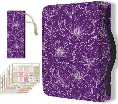 Stijlvolle Paarse Bijbel Cover met Magnolia Bloemen, PU Lederen Boek Draagtas en Bladwijzer voor Inspirerende Bijbelversen, Perfect als Christelijk Geschenk en voor Kerk Studie Benodigdheden
