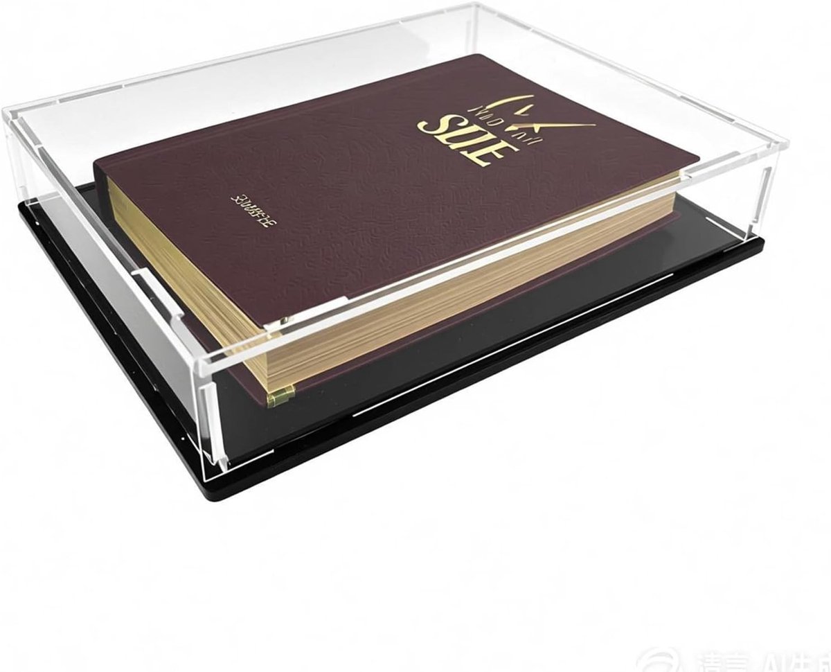 Transparante vitrine met zwarte basis voor boeken en verzamelobjecten, stofdicht en ideaal voor bijbels, foto's en albums, 26 x 19 x 5,5 cm