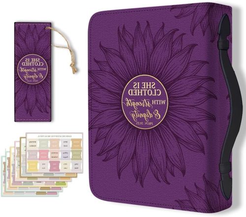 Vrouwen Bijbel Cover Paars met Zonnebloem Design - PU Lederen Boek Draagtas met Handvat, Rits en Bladwijzer - Inspirerende Christelijke Geschenken voor Kerk en Studie Benodigdheden